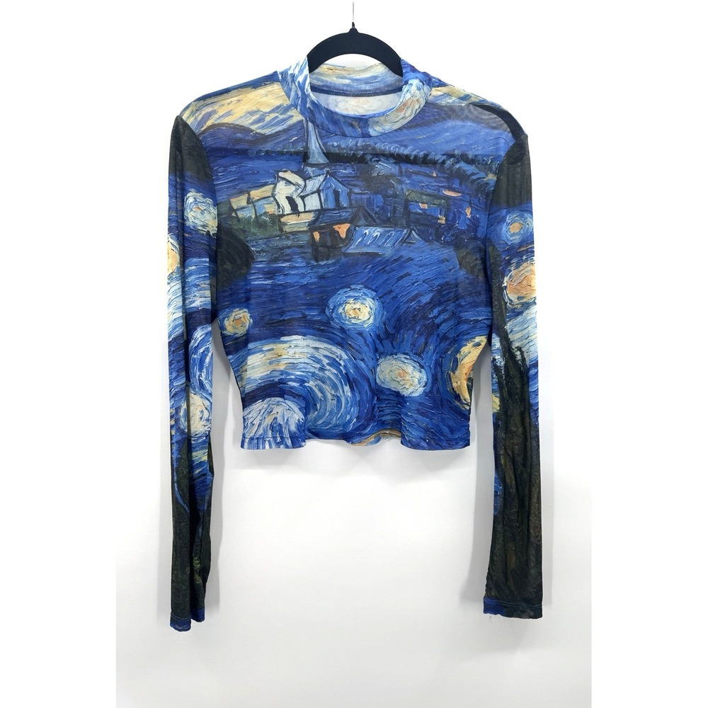 Sheer Mesh Mock Neck Van Gogh Starry Night Cropped Top XL Art Dopamine Abstract